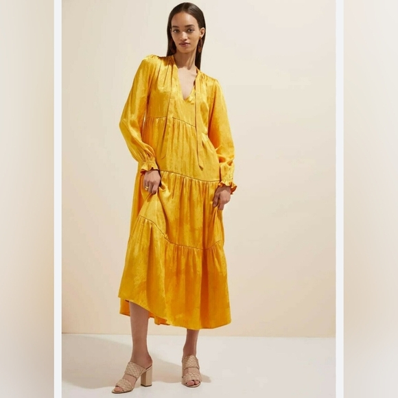 Maeve Anthropologie Maize Yellow Tie Neck Tiered Waist Midi Dress Satin Size XS - Picture 2 of 14